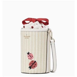 KATE SPADE EMBROIDERED STRAW LADYBUG CYLINDER BUCKET CROSSBODY BAG BNWT $349